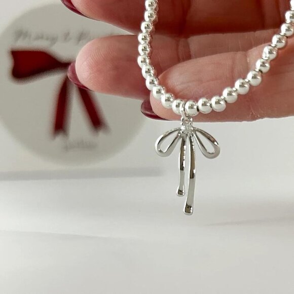 Silver Flower Handmade Stretch Dainty Bead Bow Charm Bracelet for Women - Picture 3 of 7